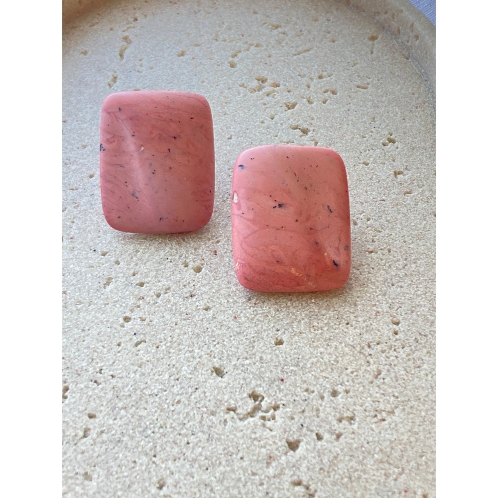 Vintage Stud Earrings Chunky Salmon Pink Speckled Rectangle 80s 90s Marbled